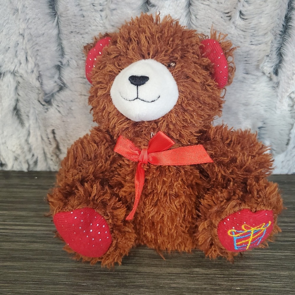 Greenbrier Fuzzy Brown Teddy Bear 6" Plush Embroidered Present Gift Red Foot Bow